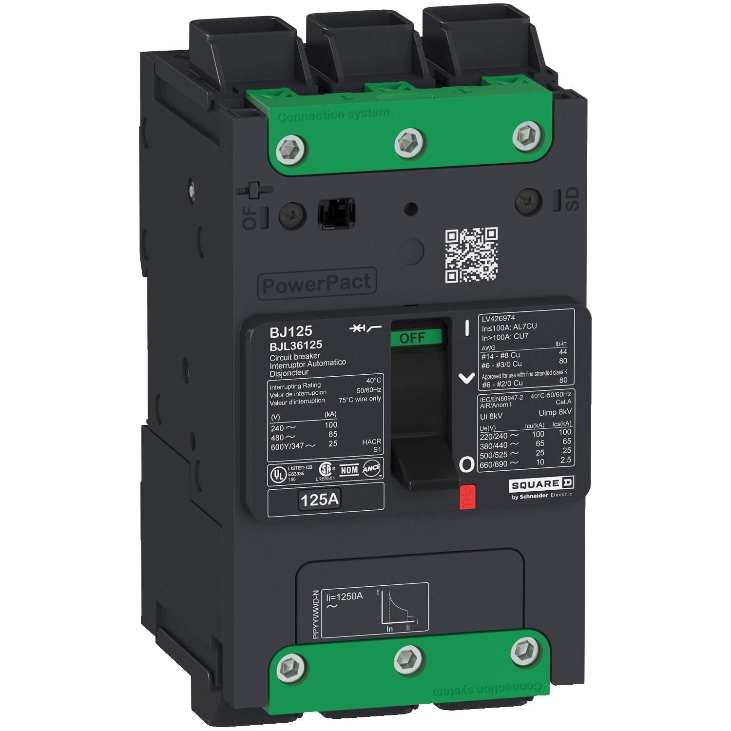Schneider Electric Molded Case Circuit Breaker; 3-Pole; 125A; 600VAC/250VDC; 18kA @ 480VAC; Lugs - Both Ends; UL 489